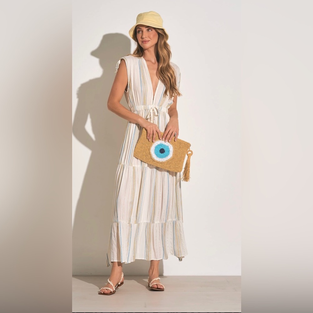 NWT ELAN WHITE AQUA STRIPE DEEP V-NECK MAXI DRESS